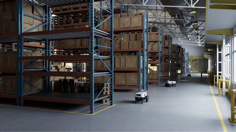 Mobile robots in a wharehouse running on Isaac ROS 2