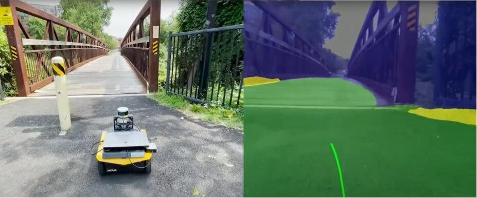 A picture of a mobile robot navigating over a bridge and identifying the traversability and obstacles of this bridge