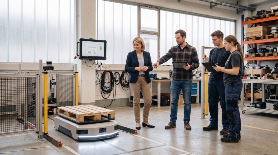 Engineers reviewing robot software beside a robot test setup
