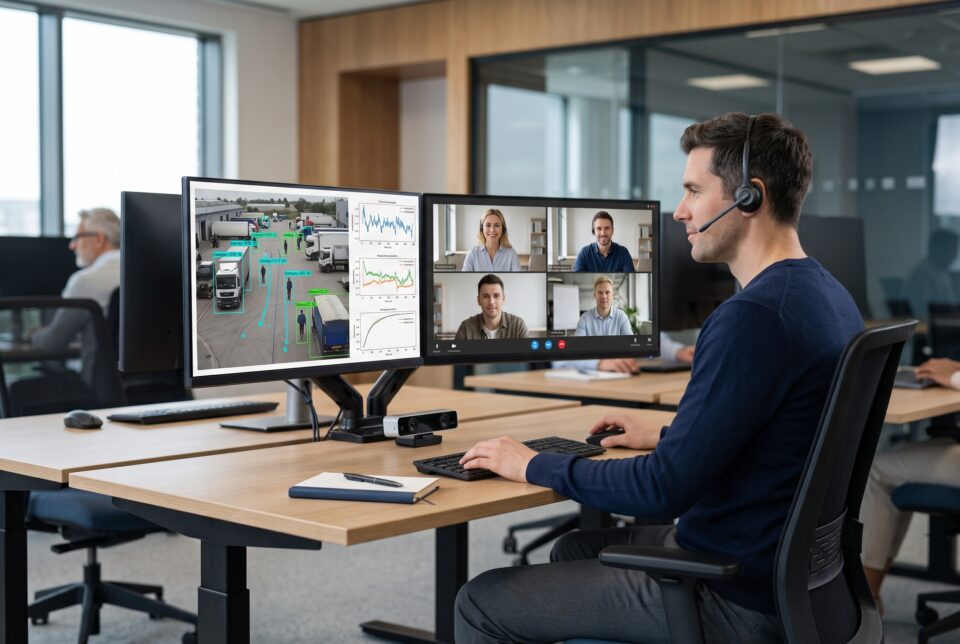 AI-generated office scene: engineer reviewing perception tracking and plots during a stakeholder video meeting.
