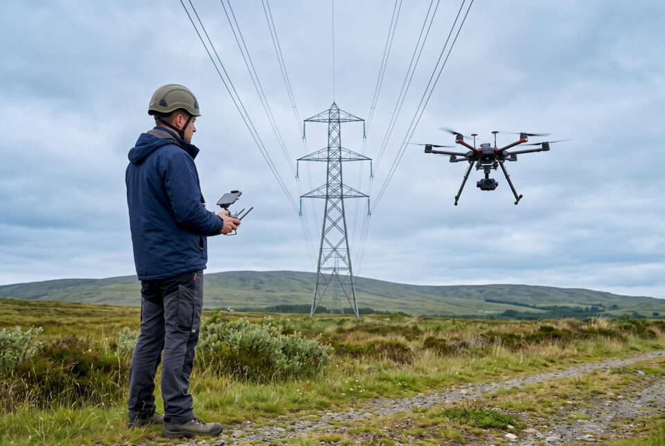 AI-generated illustration of a male pilot operating an inspection drone near a power line.