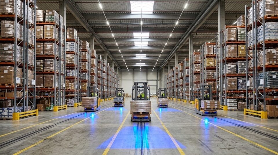 AI-generated illustration: AGV fleet with projected safety zones in a warehouse (anonymous)