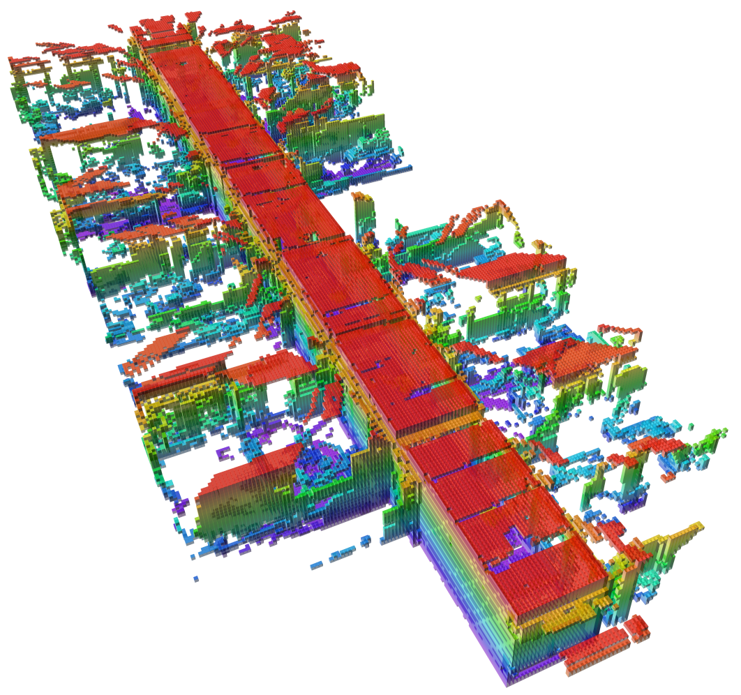 Colour-coded 3D occupancy map of corridors and rooms in Freiburg building 079.