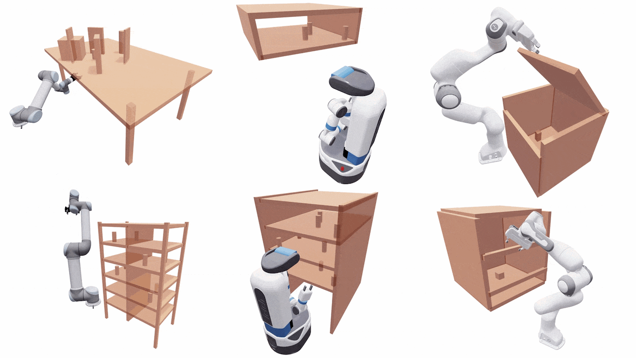 Robot arms and mobile manipulators planning around shelves, boxes and other obstacles.